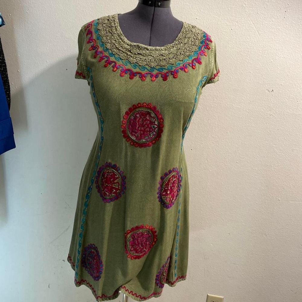 Olive green tunic dress embroidered circular floral motifs Boho resortwear
